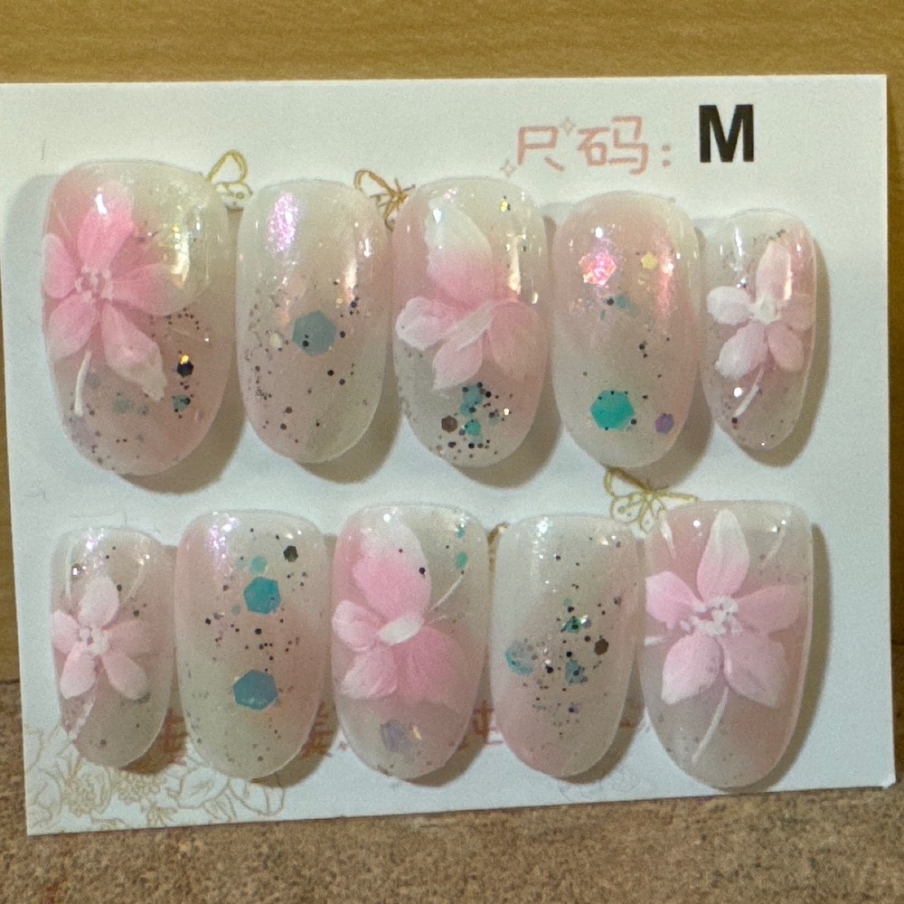 Pink Floral Press On Nails Medium Almond Cherry Blossom Glitter Iridescent Set